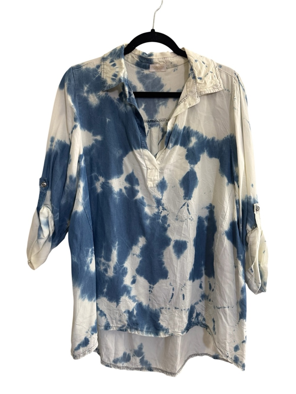 Marisma Italy Womens One Size popover Top blue ivory tie dye roll tab Slv #NE148